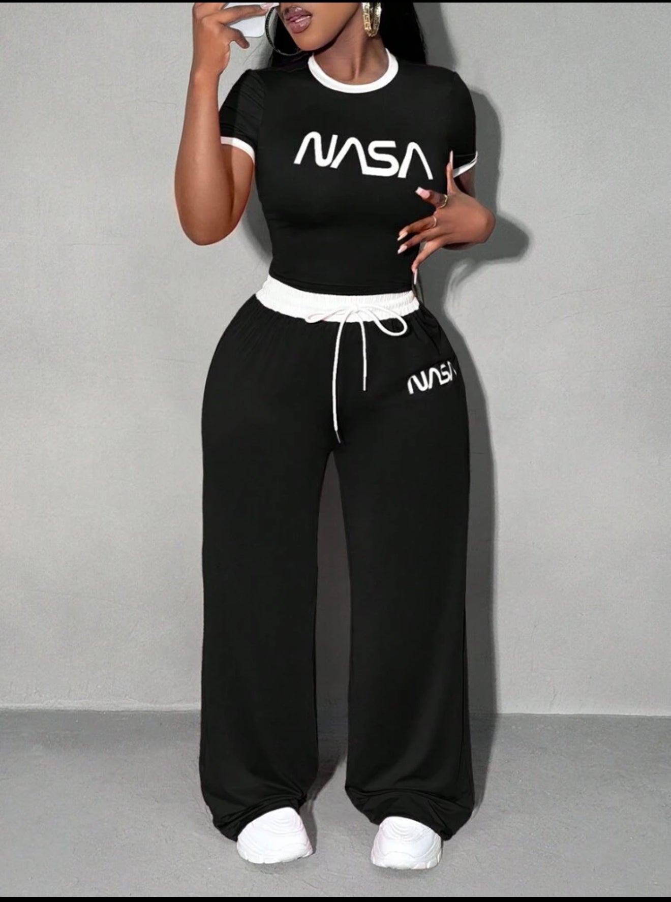 2 pcs set slim short sleeve t-shit & loose wide leg pand