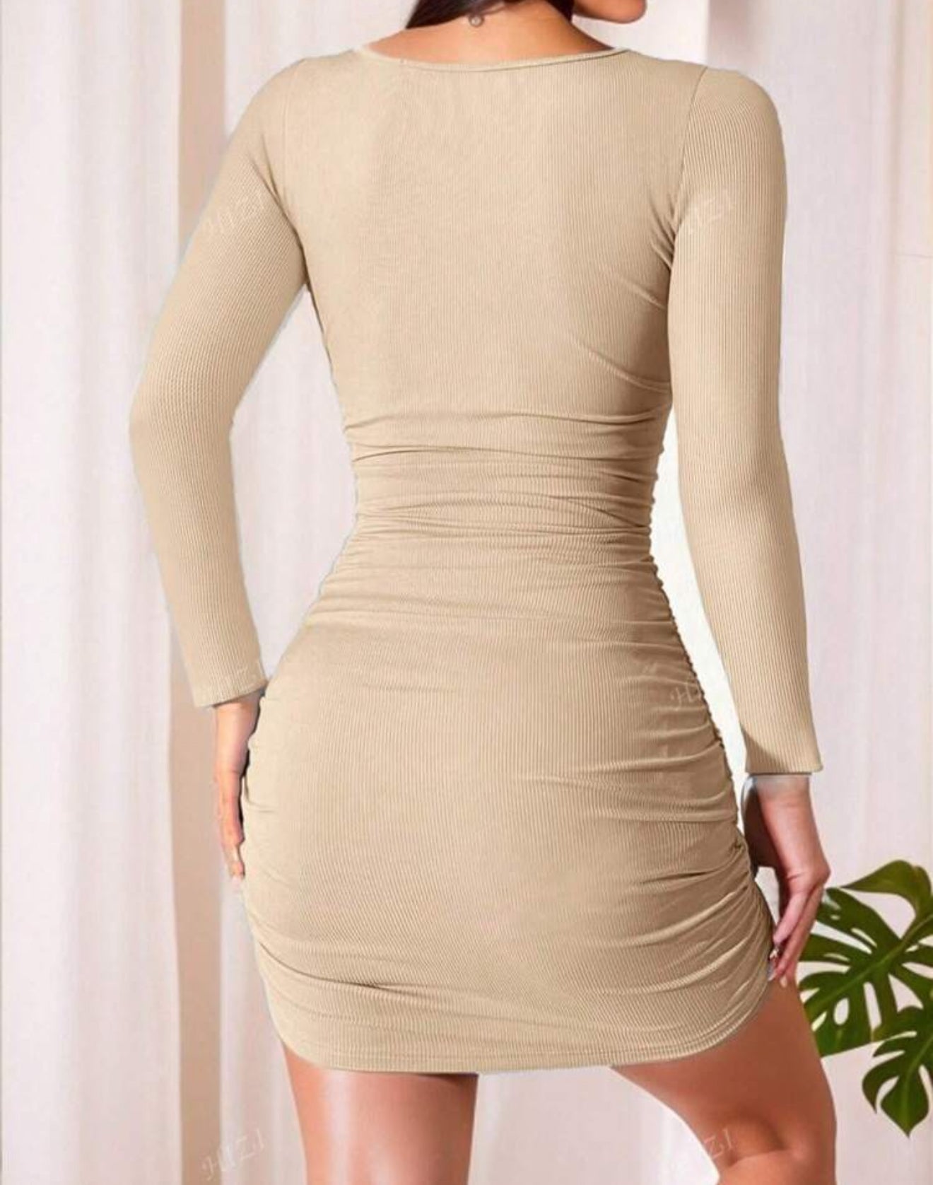 Long Sleeve Ice Silk Bodycon Dress With Pleated V Neck