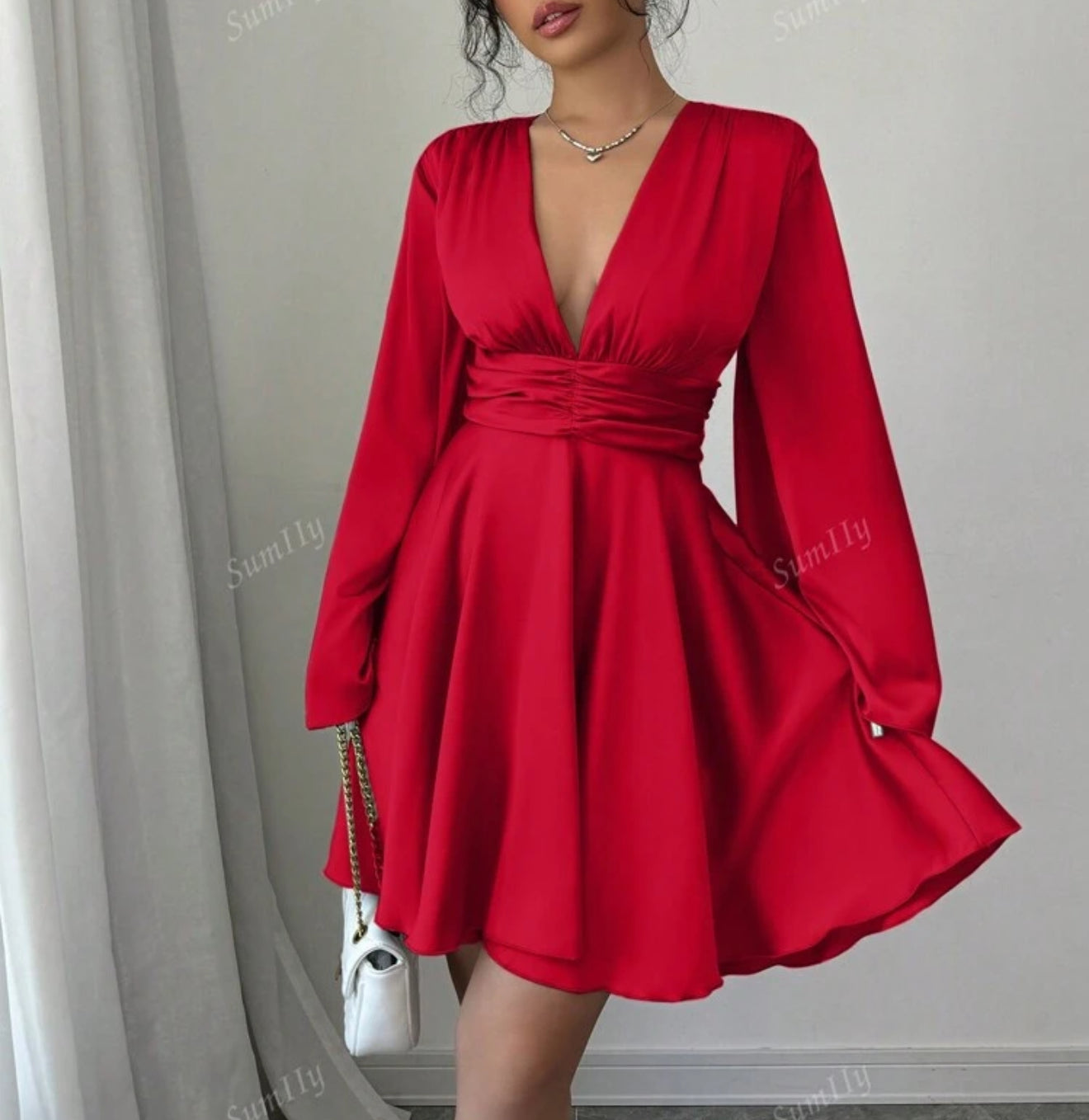 Solid Color V-Neck Long Bell Sleeves Waist Ruched dress