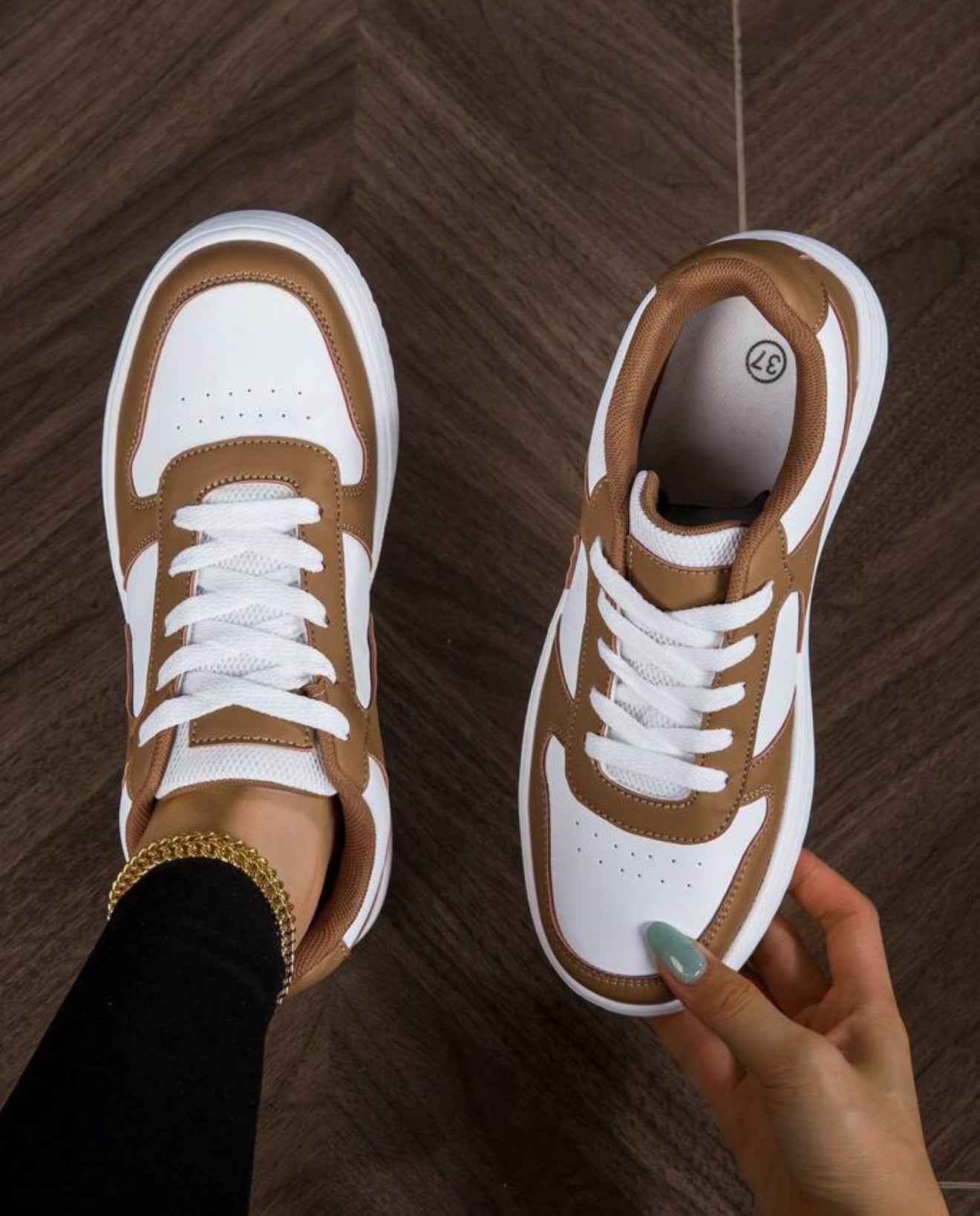 Unisex Casual Lace-Up Thick Sole Sneakers, Brown & White, Spring Time Sporty Streetwear Suitable For Commute, Campus