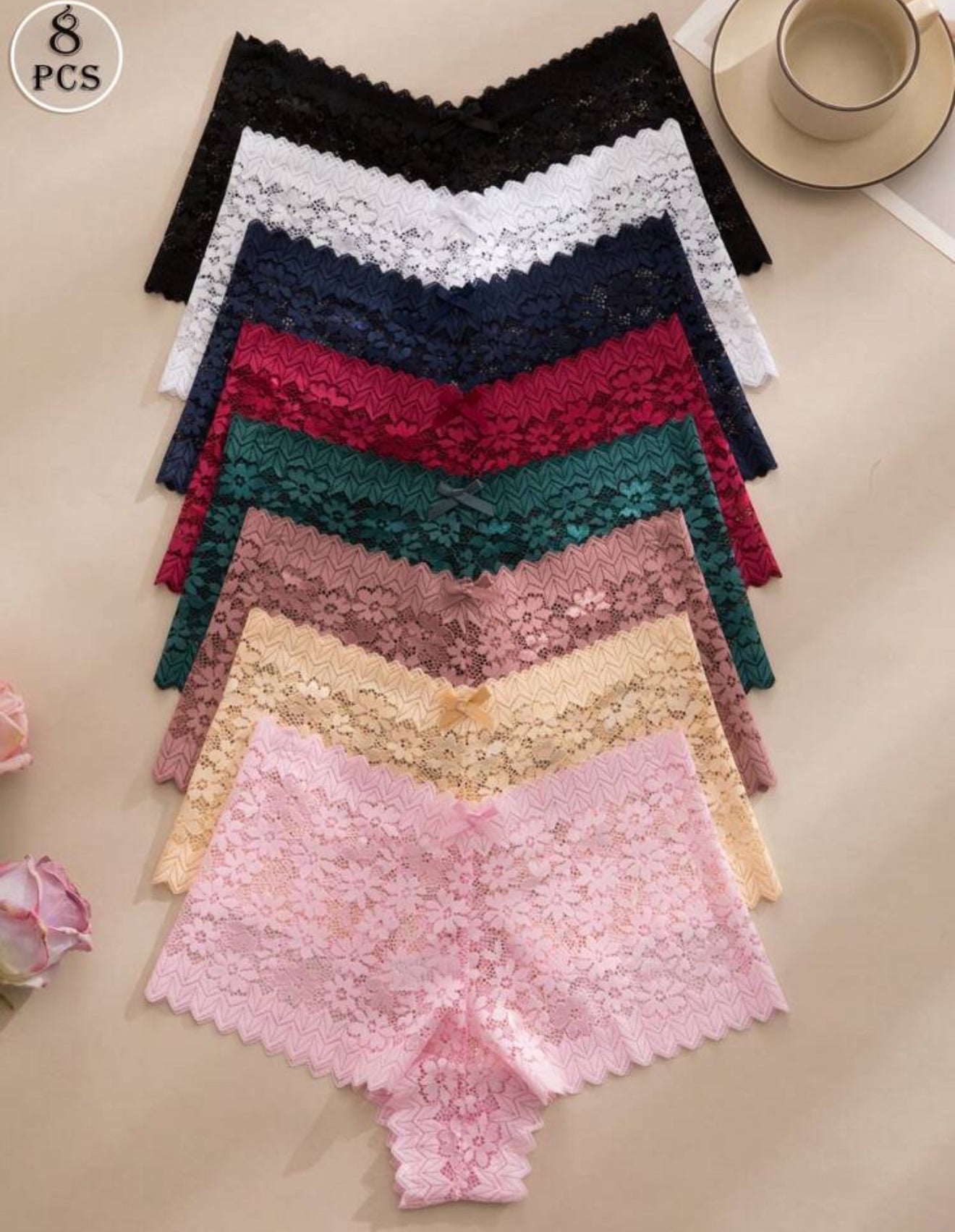 8pcs/Set Seamless Sexy Lace See-Through Ladies Panties With Bowknot & Floral Pattern Lingerie Bow Tie