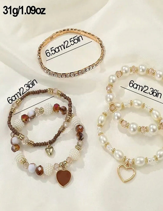 5pcs Pearl & Crystal Beaded Bracelets