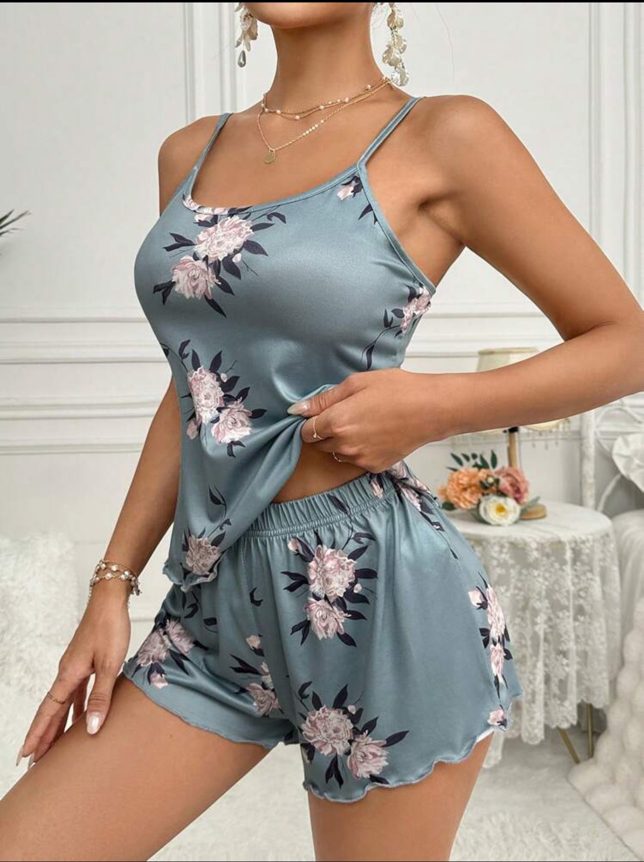 Women Milk Silk Pajamas Set 140g Floral Printing