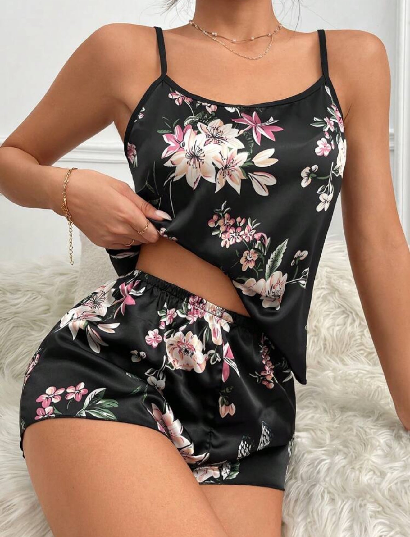 Women Milk Silk Pajamas Set 140g Floral Printing