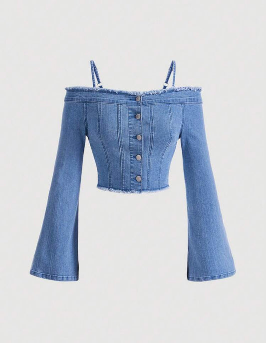 Women's Casual Denim Long Sleeve Blouse, Blue