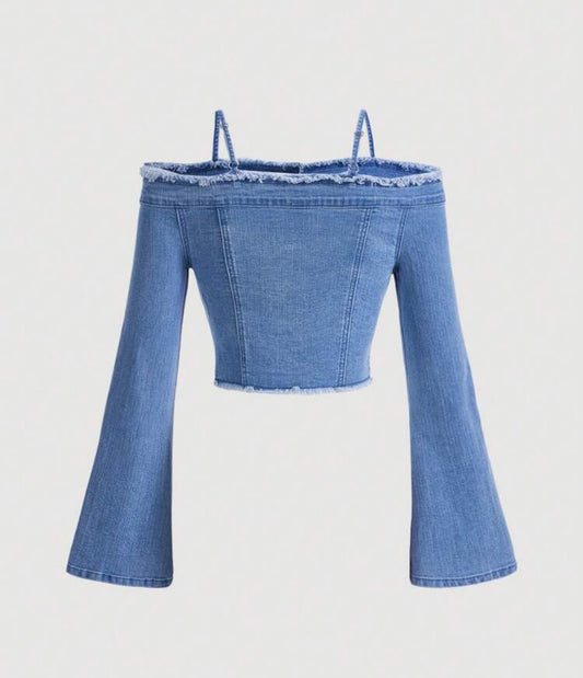 Women's Casual Denim Long Sleeve Blouse, Blue