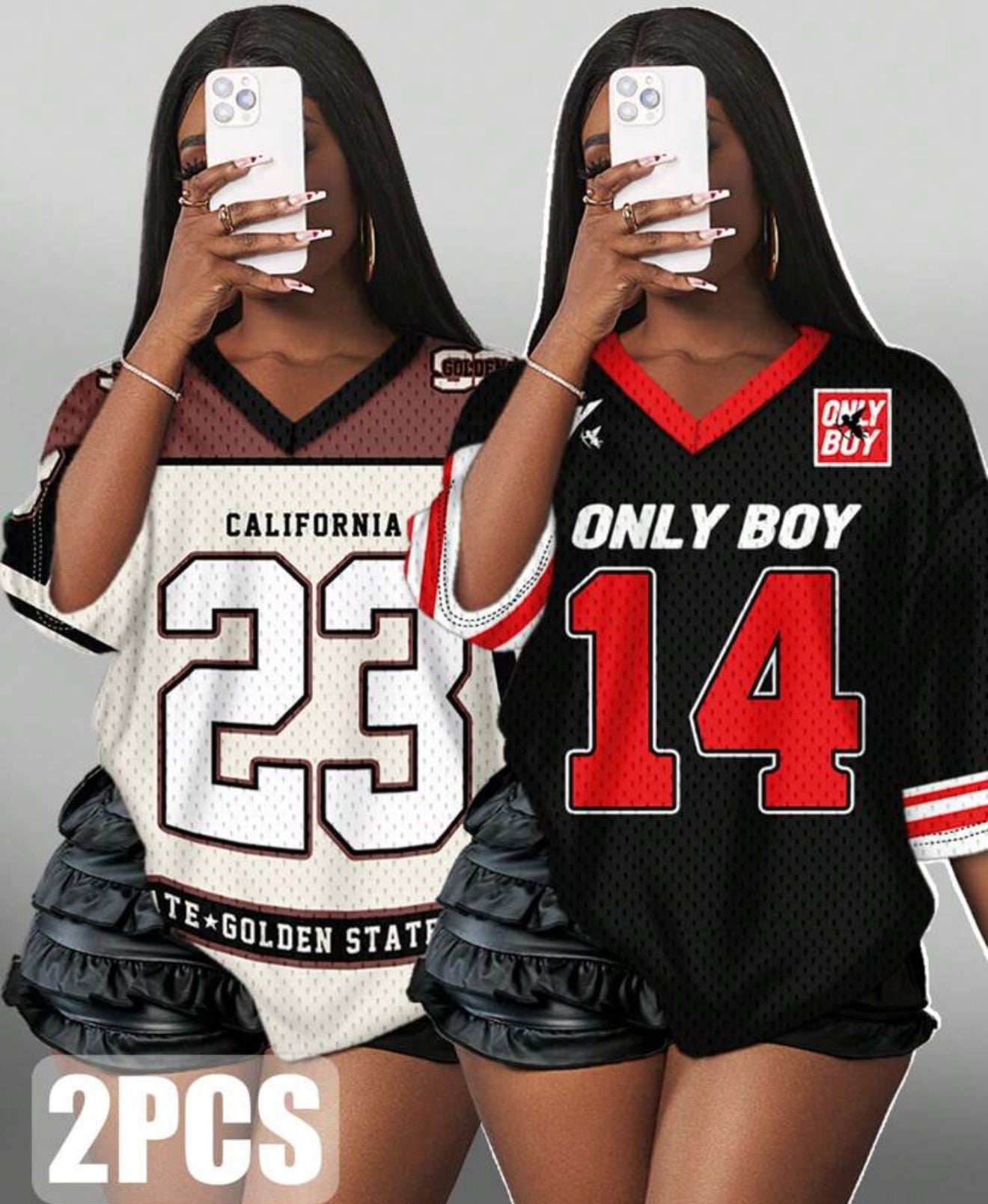 2 pcs Slaydiva Women's Casual Long Semi-Sheer V Neck Half Sleeve T-Shirt With Contrast Binding And Number Graphics