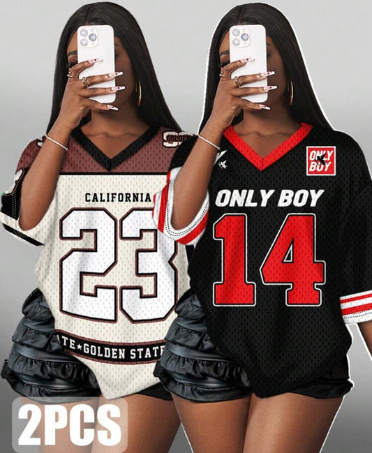 2 pcs Slaydiva Women's Casual Long Semi-Sheer V Neck Half Sleeve T-Shirt With Contrast Binding And Number Graphics