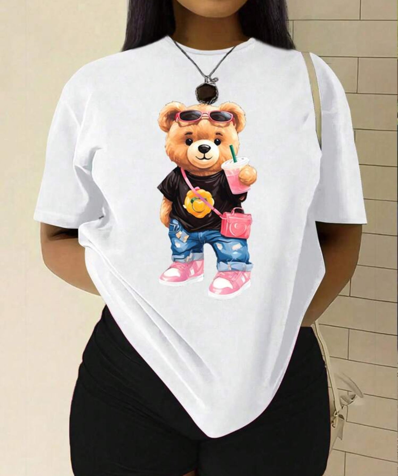 Women Summer Cartoon Bear Printed Round Neck Short Sleeve Casual T-Shirt Graphic Tees