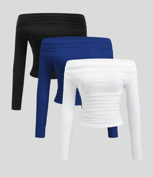 3 pcs Sweetra Off Shoulder Solid Pleated Slim Fit Long Sleeve Blouse