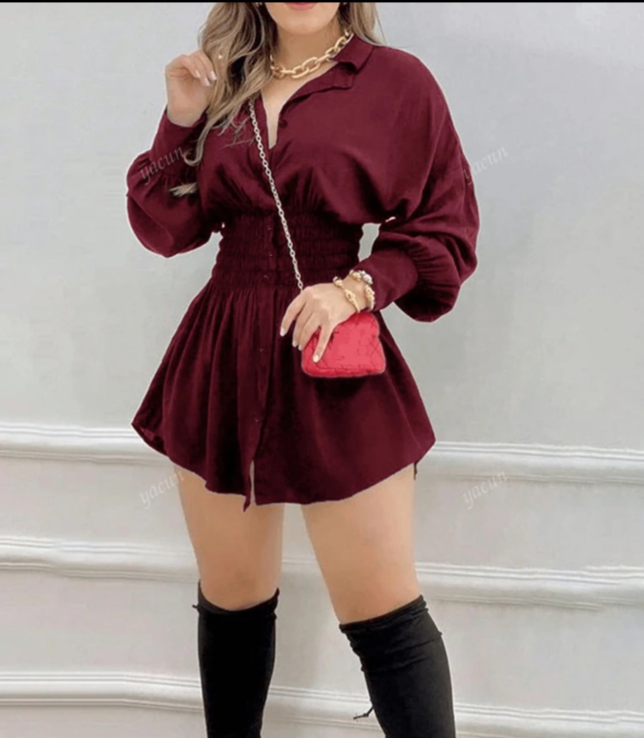 Women's Fashion Solid Color Ruched Waist Long Sleeve Shirt Dress For Work, Spring/Summer
