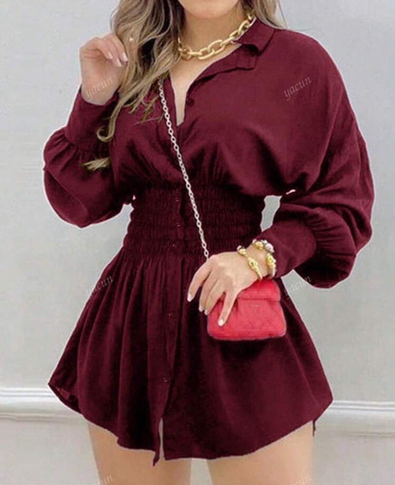 Women's Fashion Solid Color Ruched Waist Long Sleeve Shirt Dress For Work, Spring/Summer