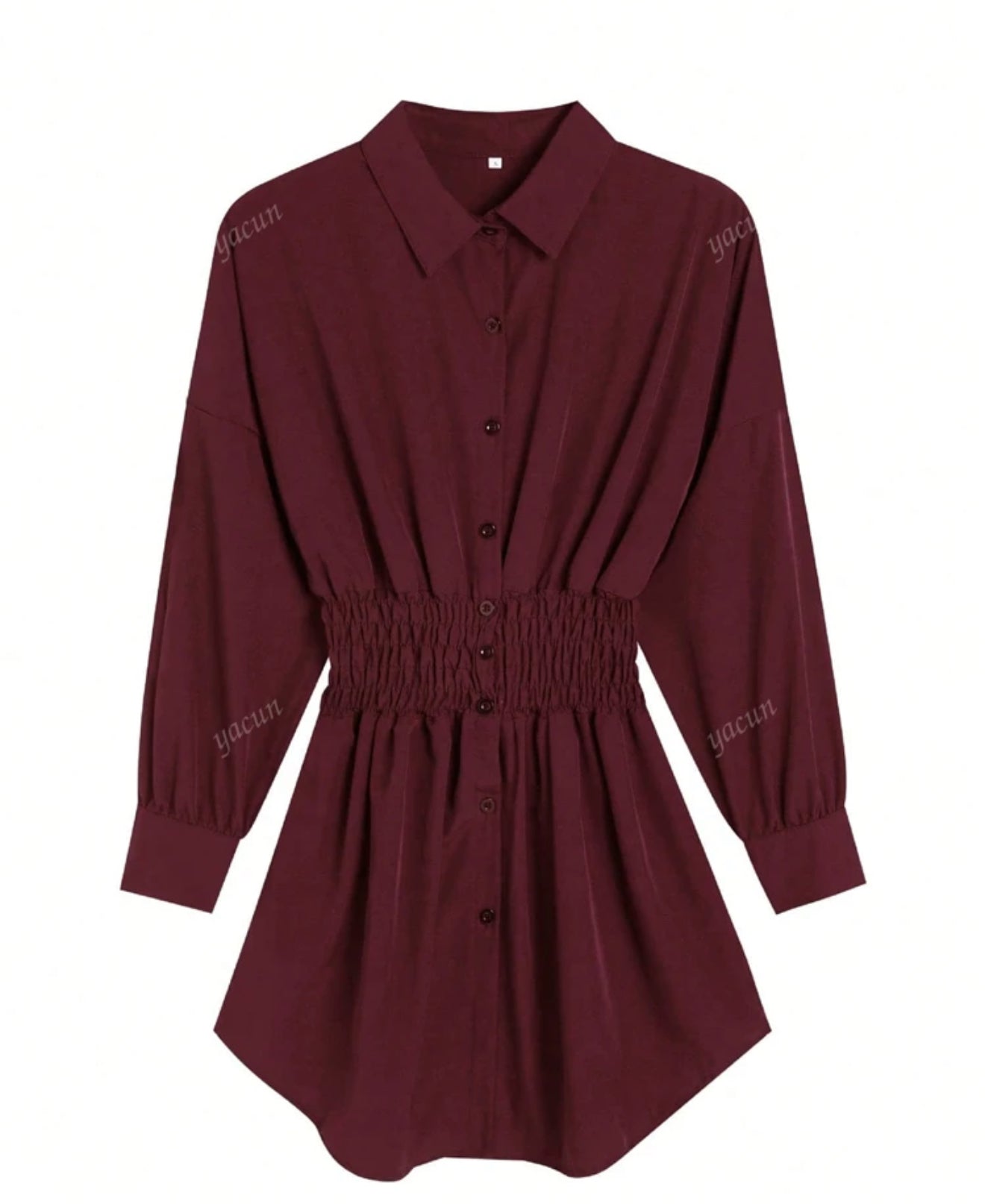 Women's Fashion Solid Color Ruched Waist Long Sleeve Shirt Dress For Work, Spring/Summer