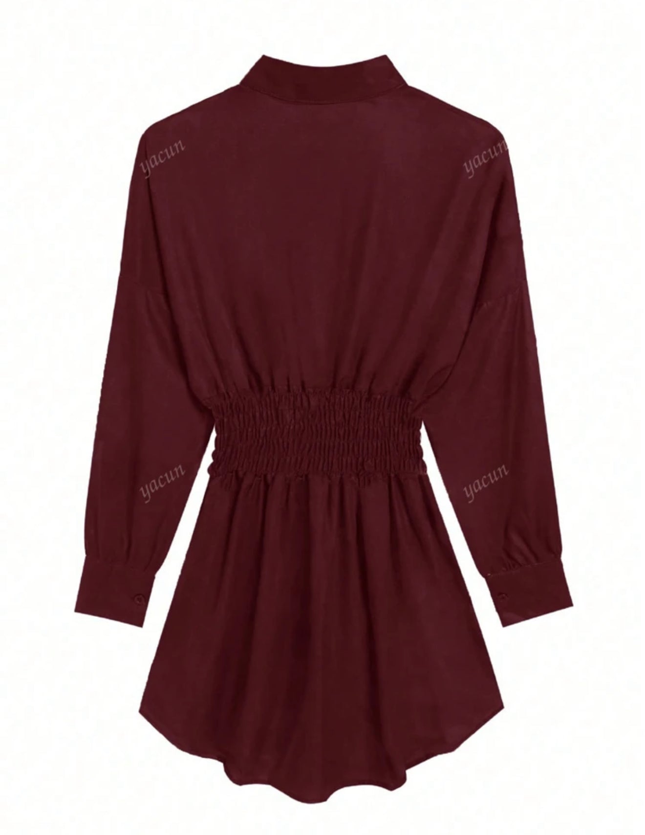 Women's Fashion Solid Color Ruched Waist Long Sleeve Shirt Dress For Work, Spring/Summer