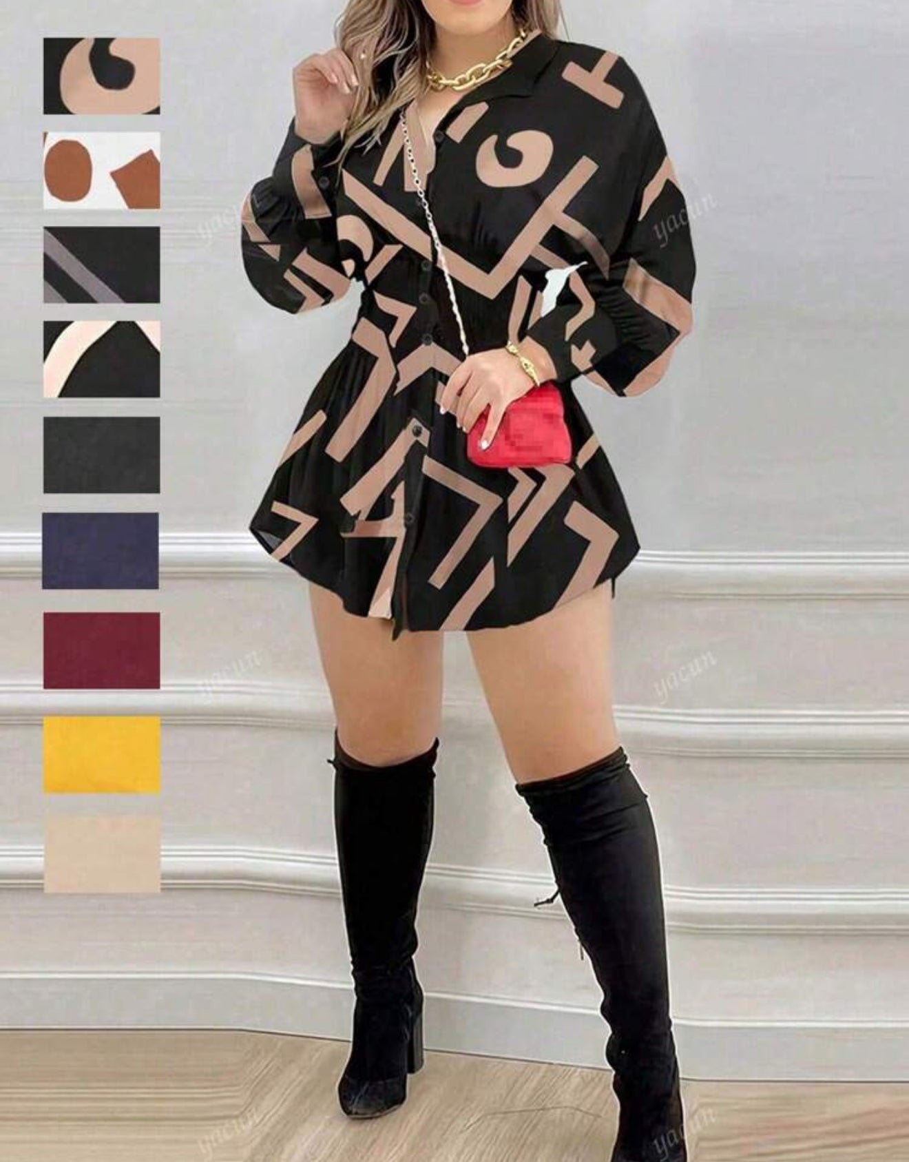 Women's Fashion Solid Color Ruched Waist Long Sleeve Shirt Dress For Work, Spring/Summer