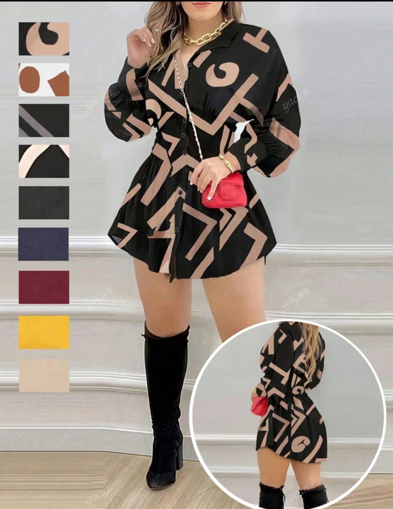 Women's Fashion Solid Color Ruched Waist Long Sleeve Shirt Dress For Work, Spring/Summer