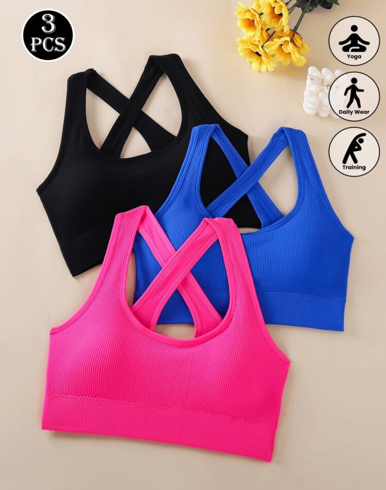 3pcs Criss-Cross Strap Sports Bra For Women