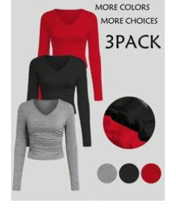 3 pcs long sleeve v neck t-shirt