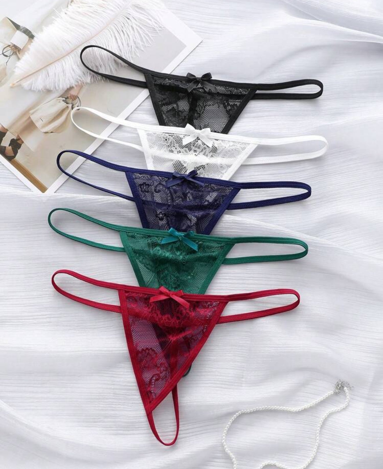 5pcs Women's Solid Color Lace Bowknot Sexy G-String Underwear