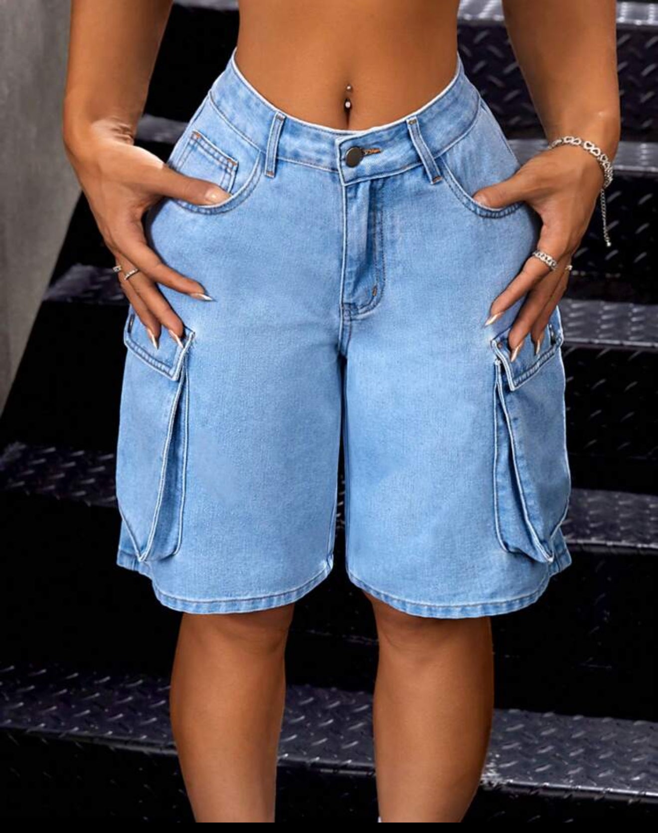 Ladies' Solid Color Cargo Denim Shorts