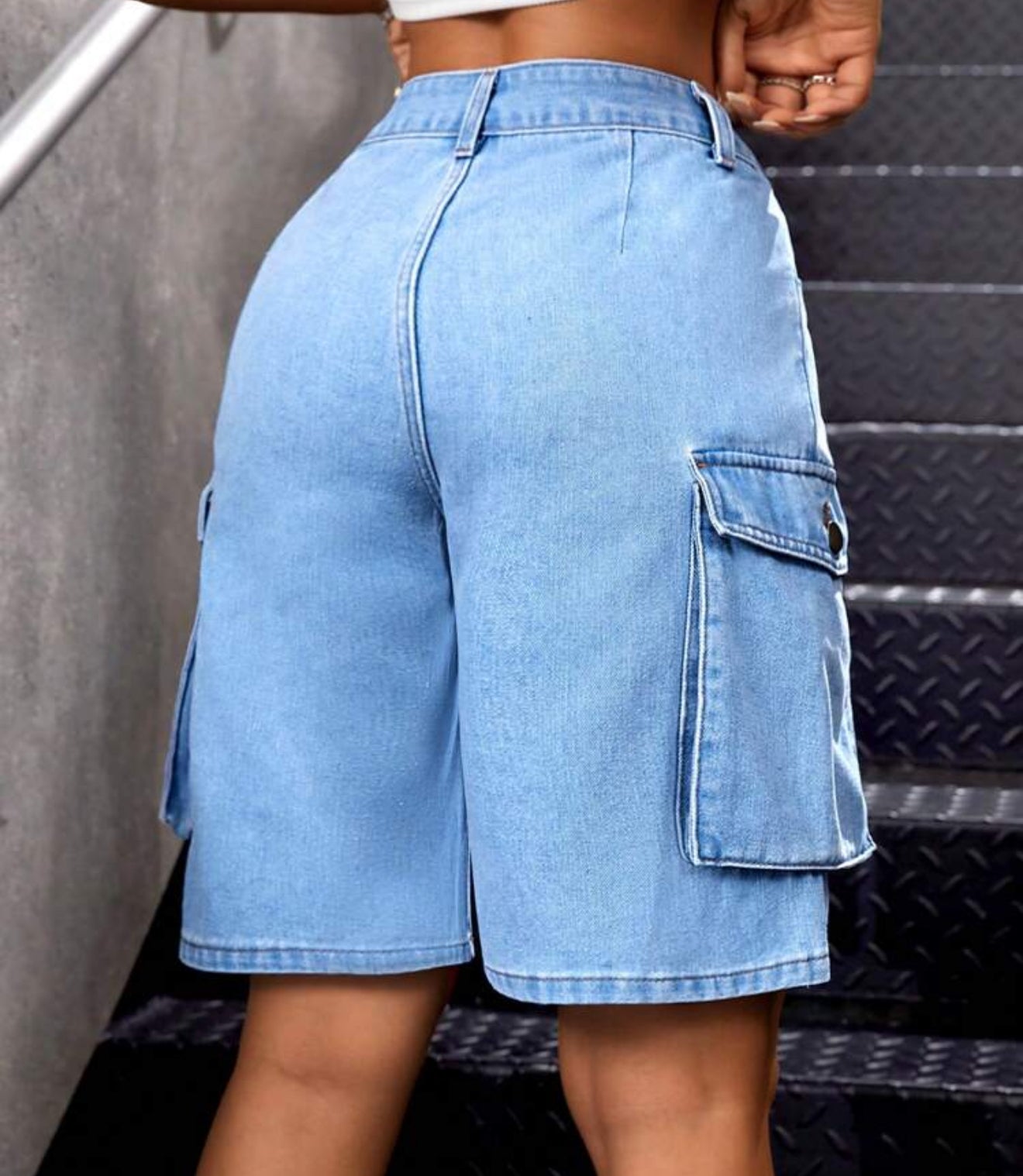 Ladies' Solid Color Cargo Denim Shorts