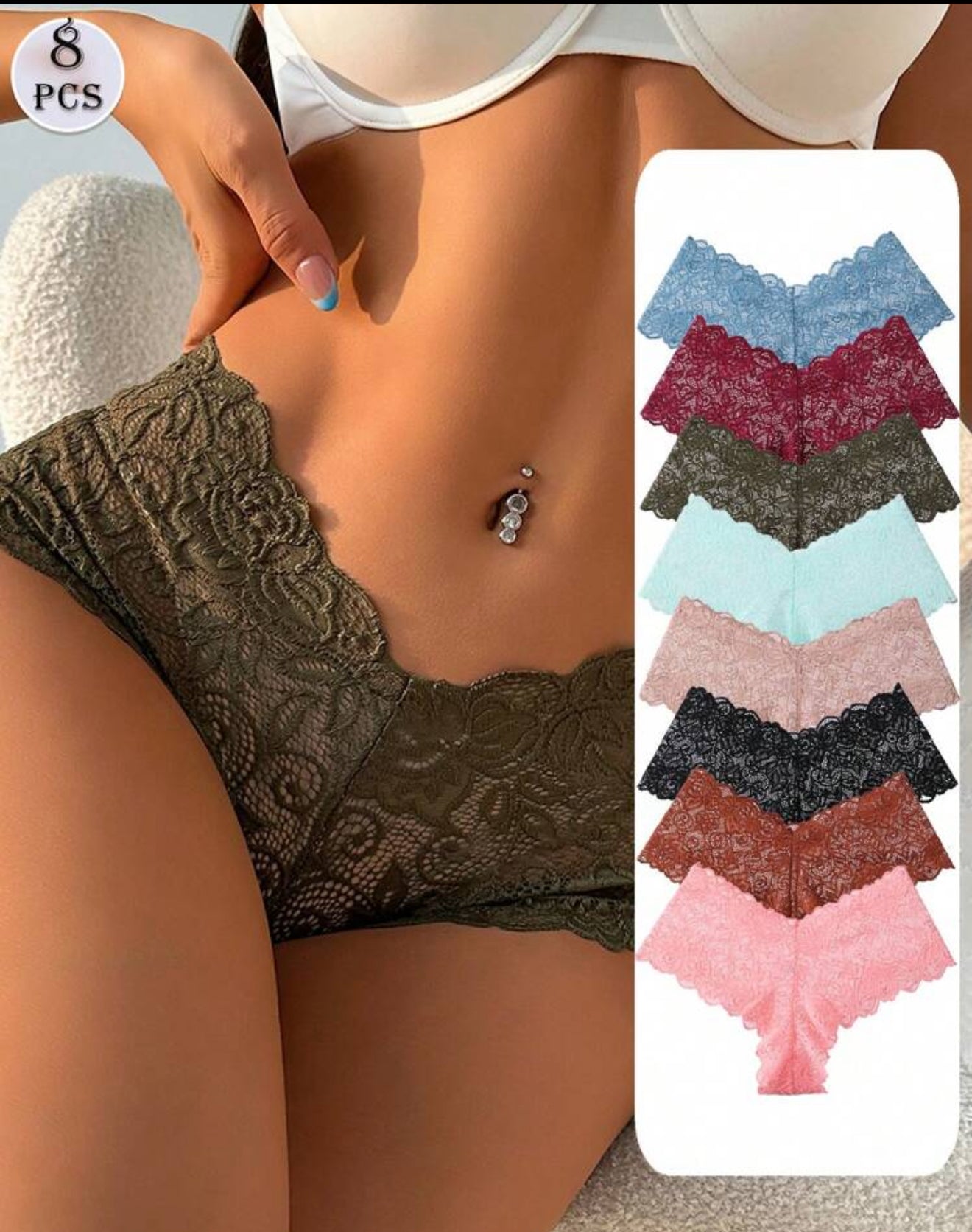 8 PCS Women Sexy Lace Hollow Out Boxer Briefs Mid Waist  Panties