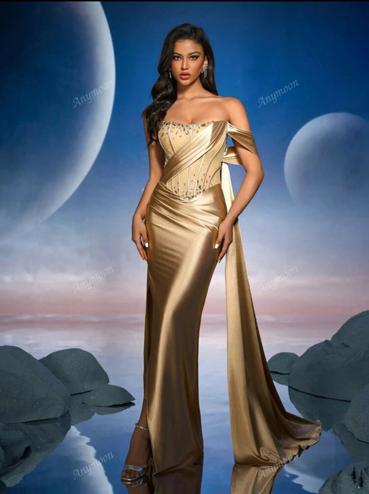 Luxury Fashion Rhinestone Trim Bust High Waist Bridesmaid Dress