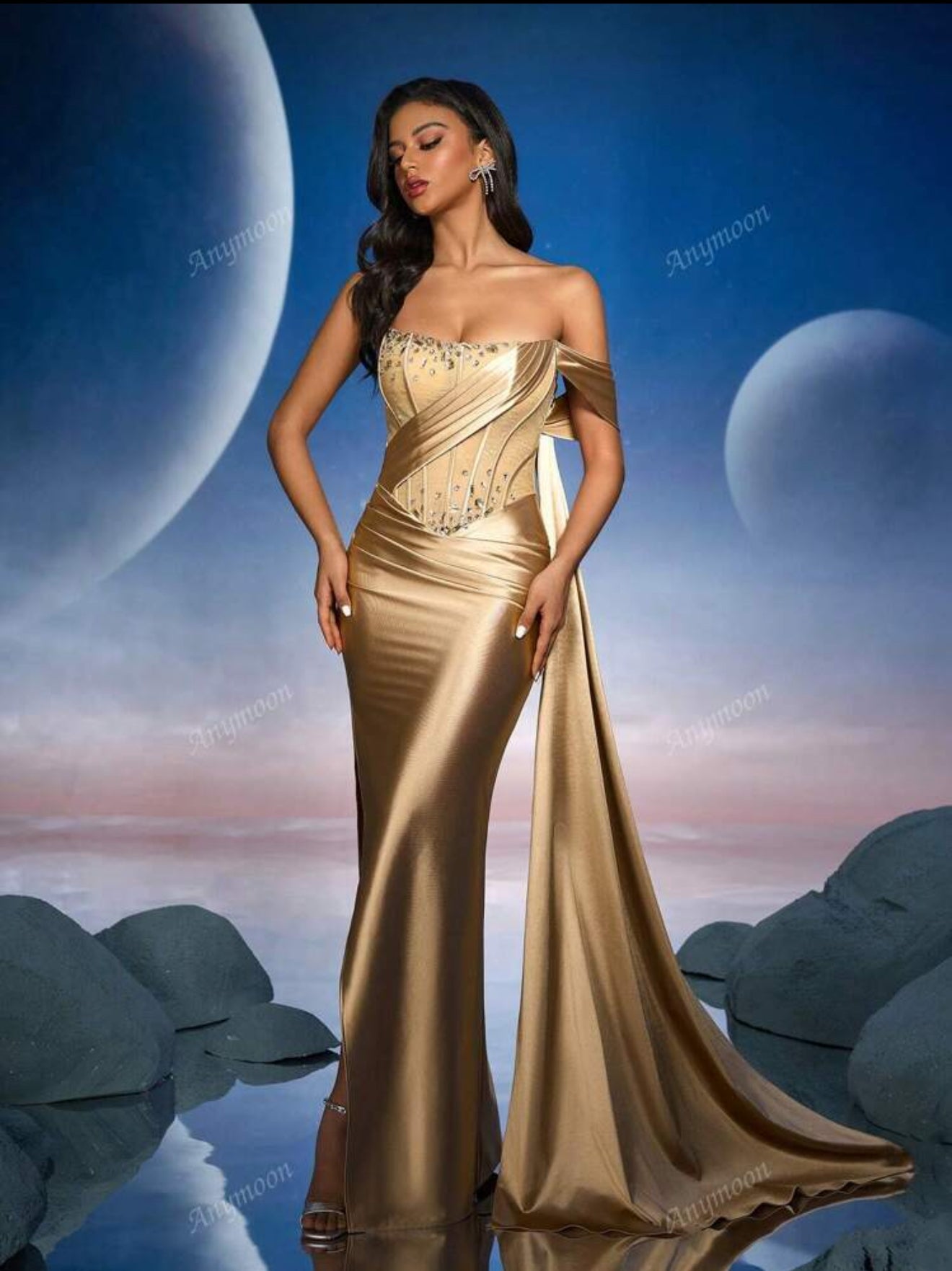 Luxury Fashion Rhinestone Trim Bust High Waist Bridesmaid Dress
