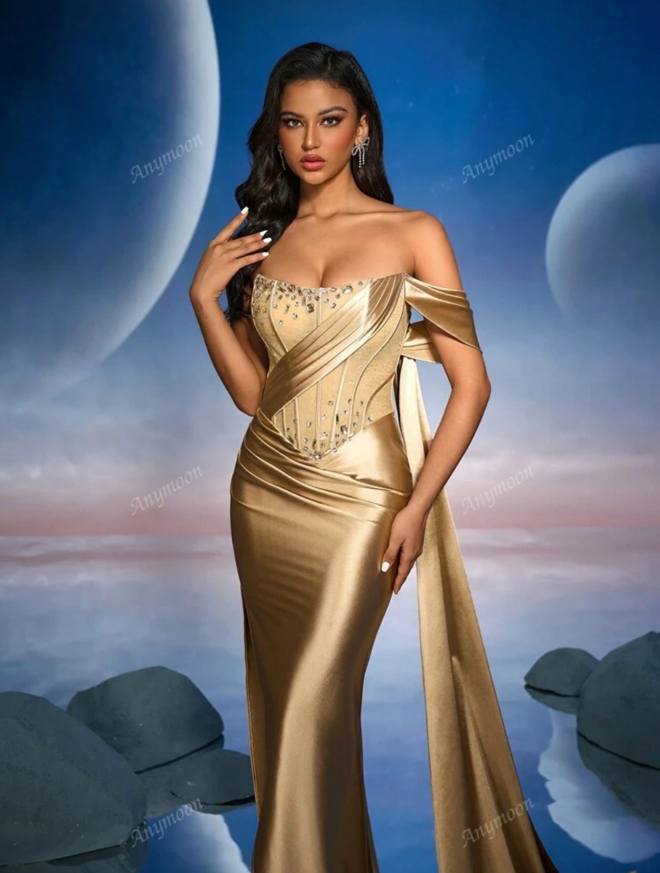 Luxury Fashion Rhinestone Trim Bust High Waist Bridesmaid Dress