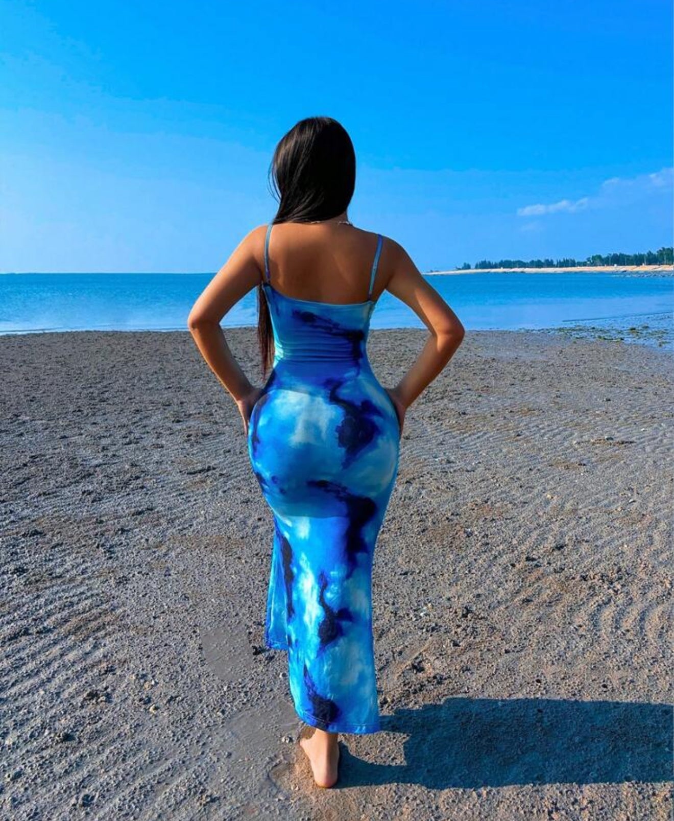 Sleeveless Bodycon Ombre Floral Blue Dress With Straps