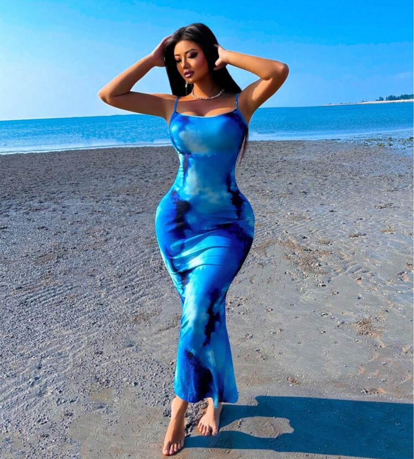 Sleeveless Bodycon Ombre Floral Blue Dress With Straps