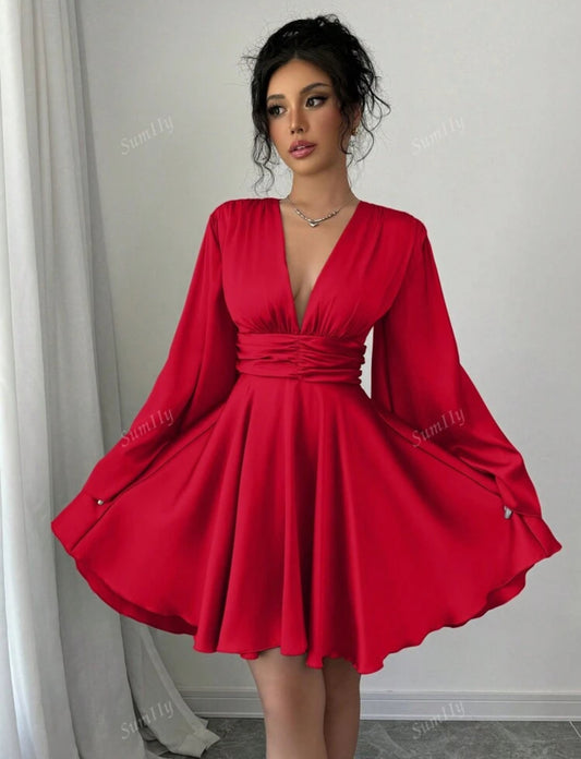 Solid Color V-Neck Long Bell Sleeves Waist Ruched dress