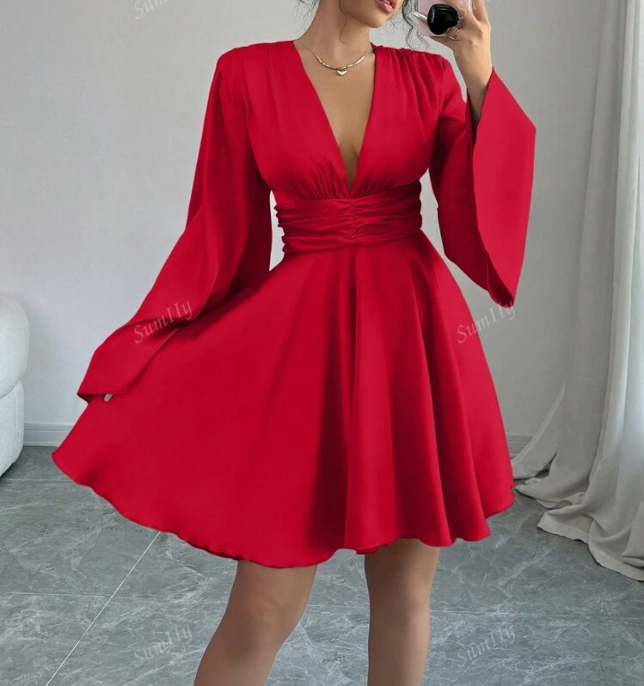 Solid Color V-Neck Long Bell Sleeves Waist Ruched dress