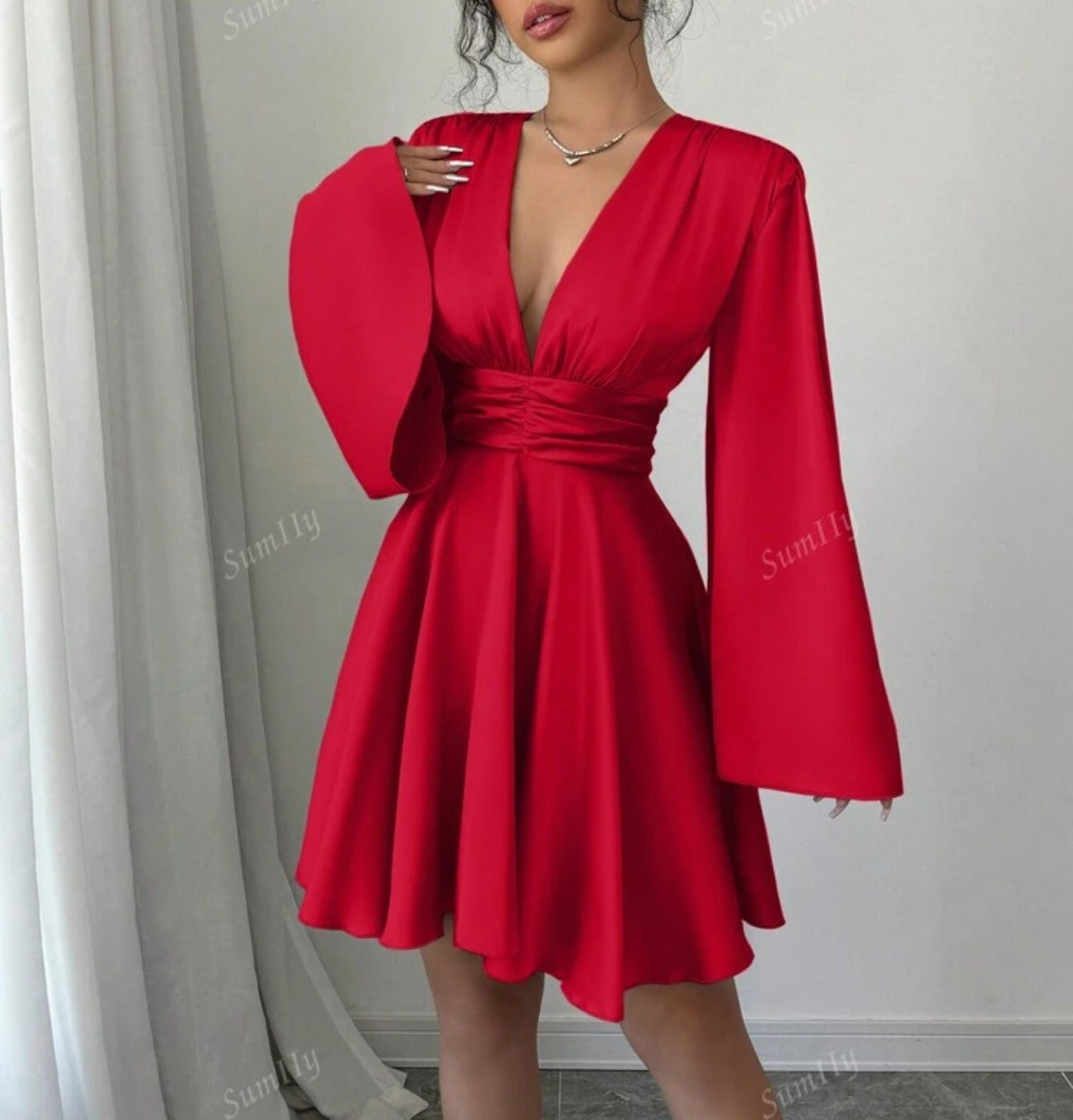 Solid Color V-Neck Long Bell Sleeves Waist Ruched dress