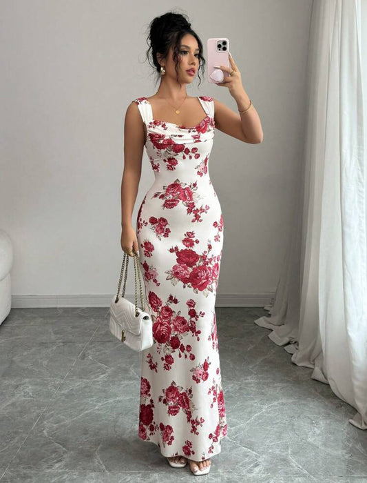 Women's Draped Neck Rose Print Casual Dress