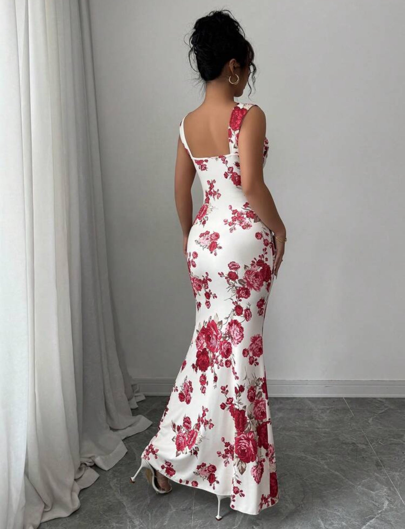 Women's Draped Neck Rose Print Casual Dress