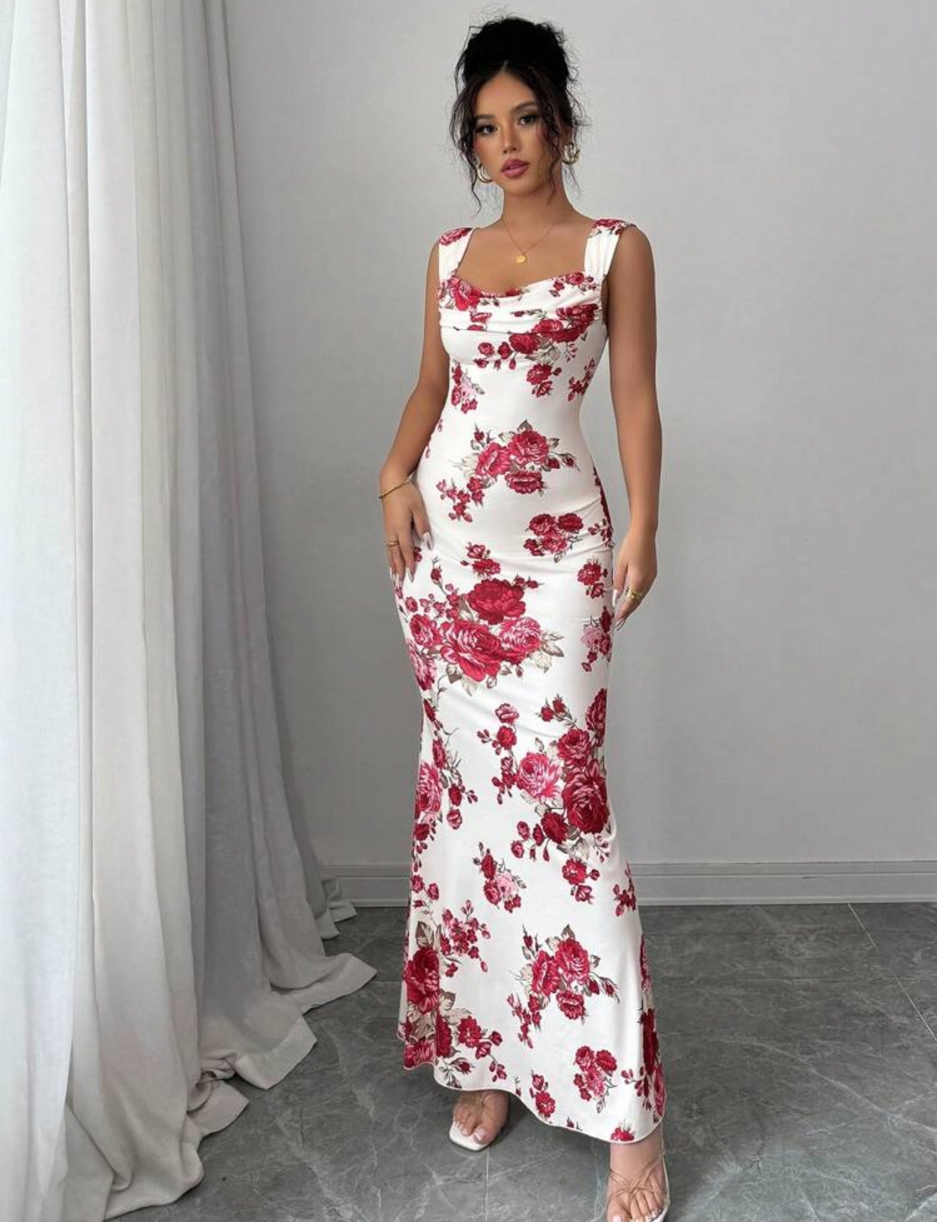Women's Draped Neck Rose Print Casual Dress