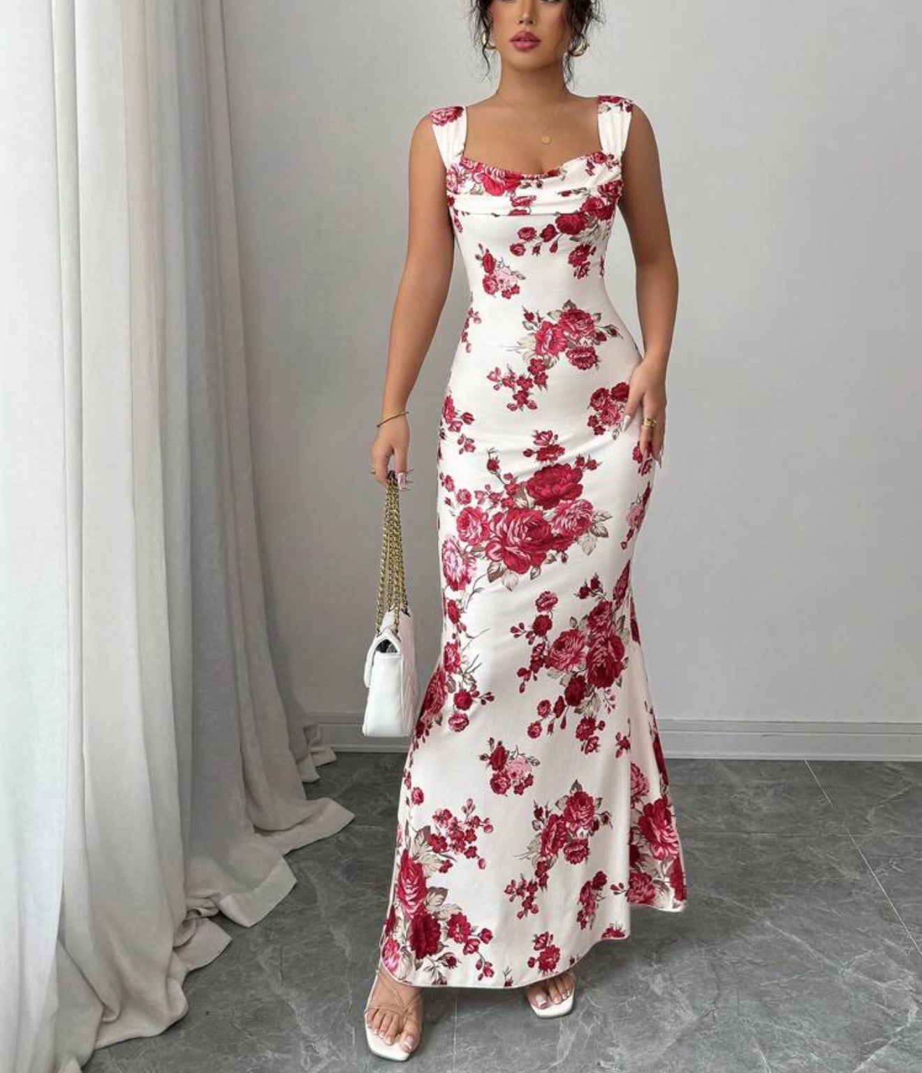 Women's Draped Neck Rose Print Casual Dress
