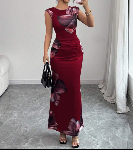 Elegant Round Neck Sleeveless Floral Print Simple Summer Dress For Women