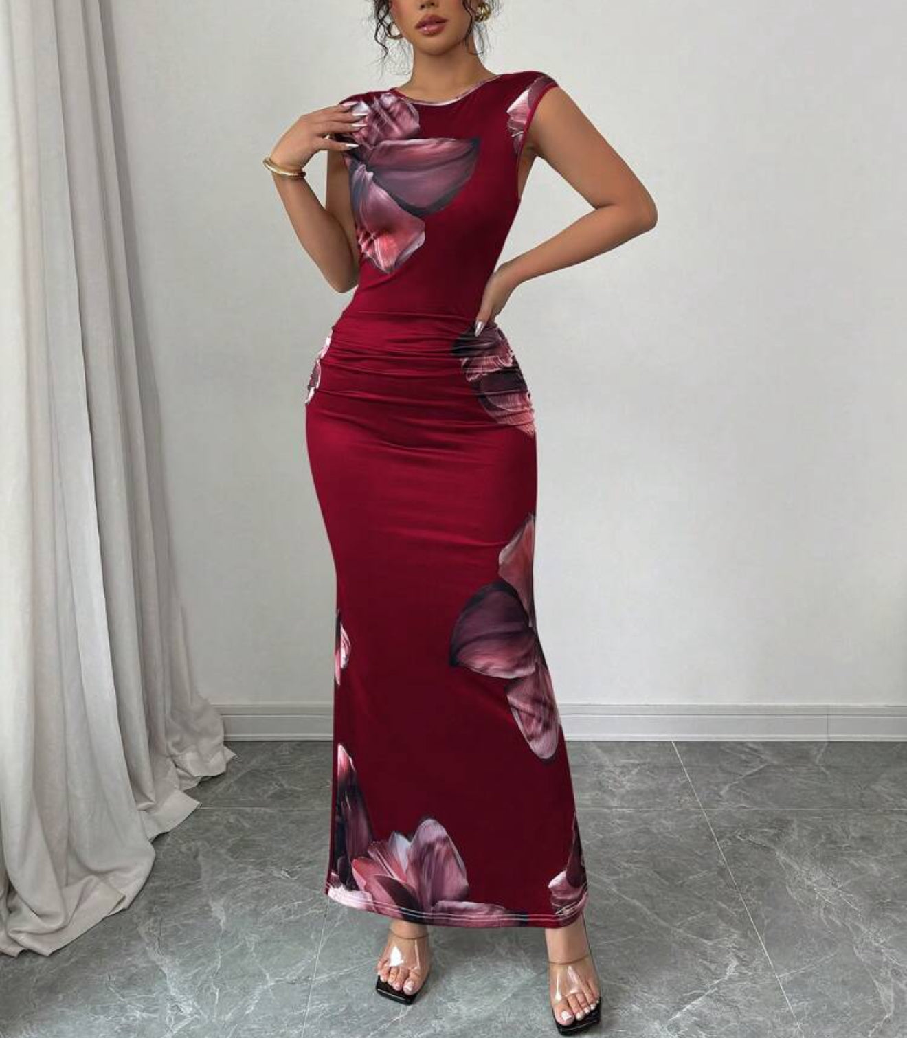 Elegant Round Neck Sleeveless Floral Print Simple Summer Dress For Women