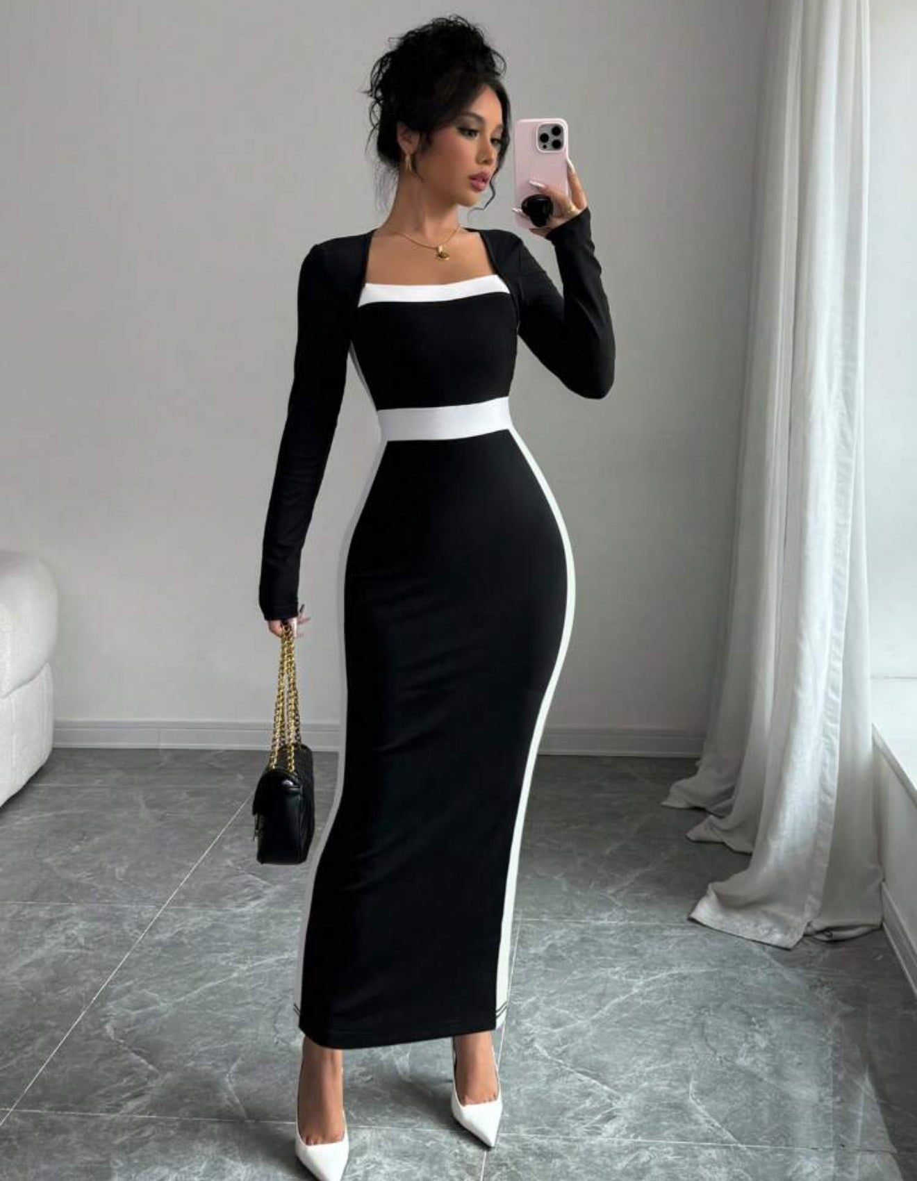 Square Neck Color Block Fitted Women Dress&nbsp;