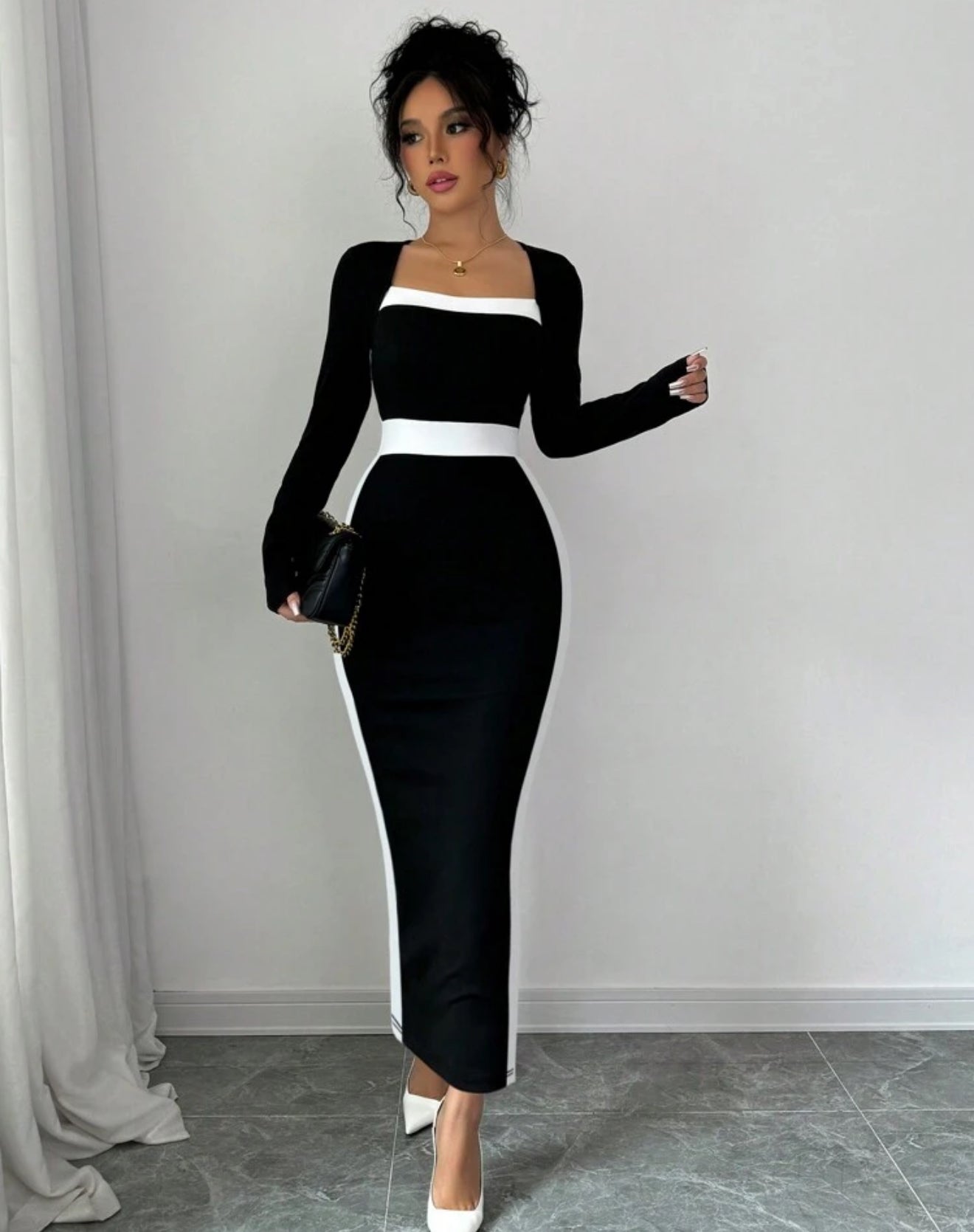 Square Neck Color Block Fitted Women Dress&nbsp;