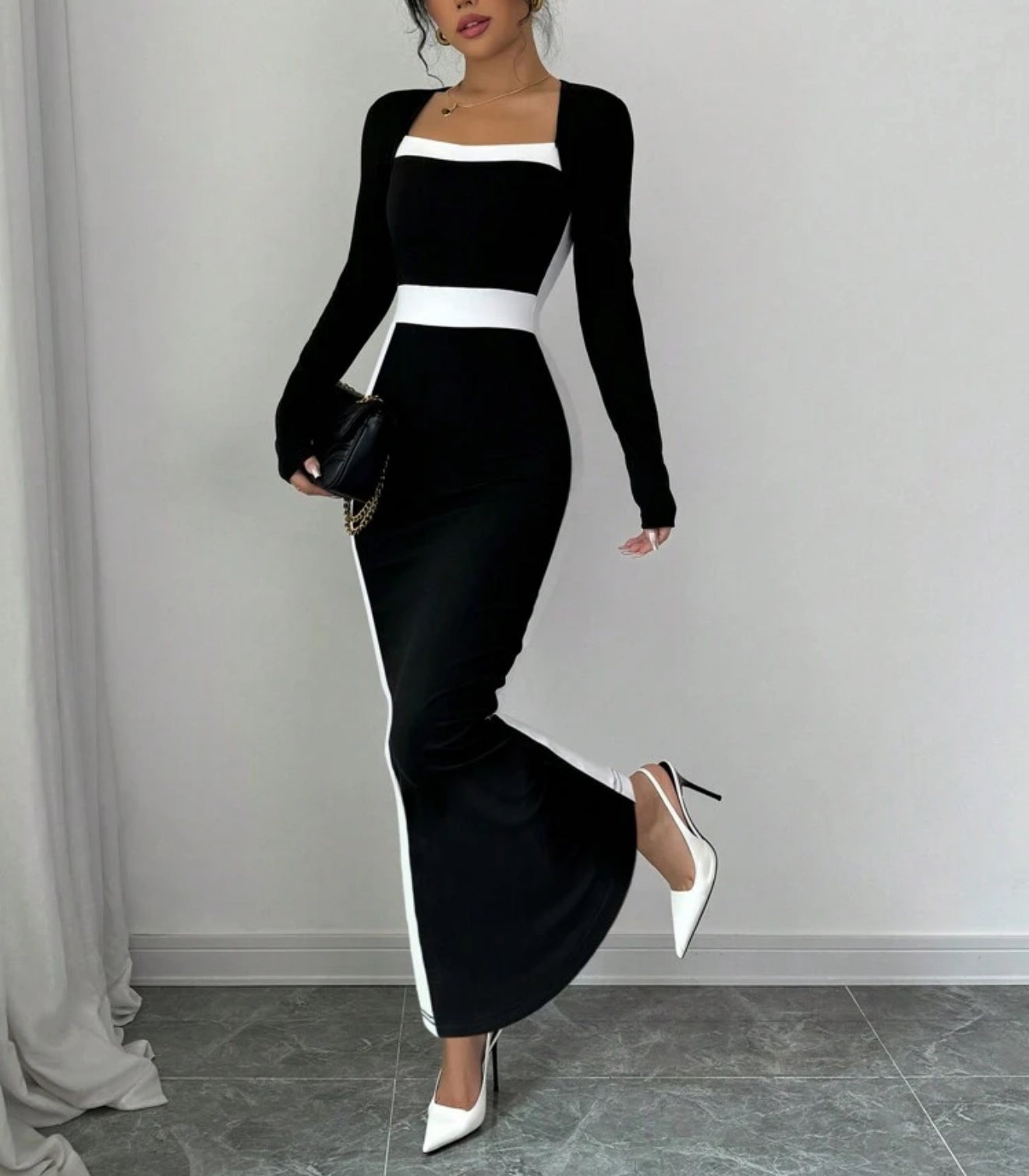 Square Neck Color Block Fitted Women Dress&nbsp;
