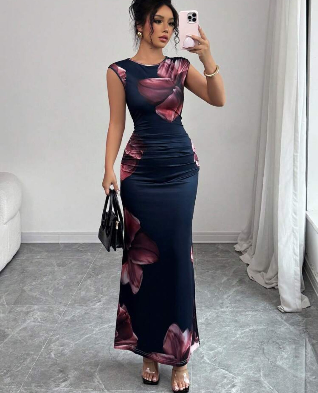 Elegant Round Neck Sleeveless Floral Print Simple Summer Dress For Women