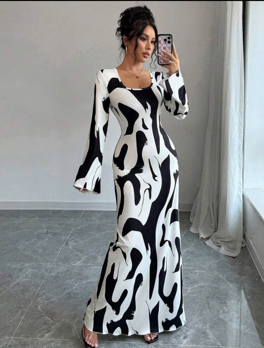 Flared Cuff Crew Neck Long Sleeve Cinched Waist Dress