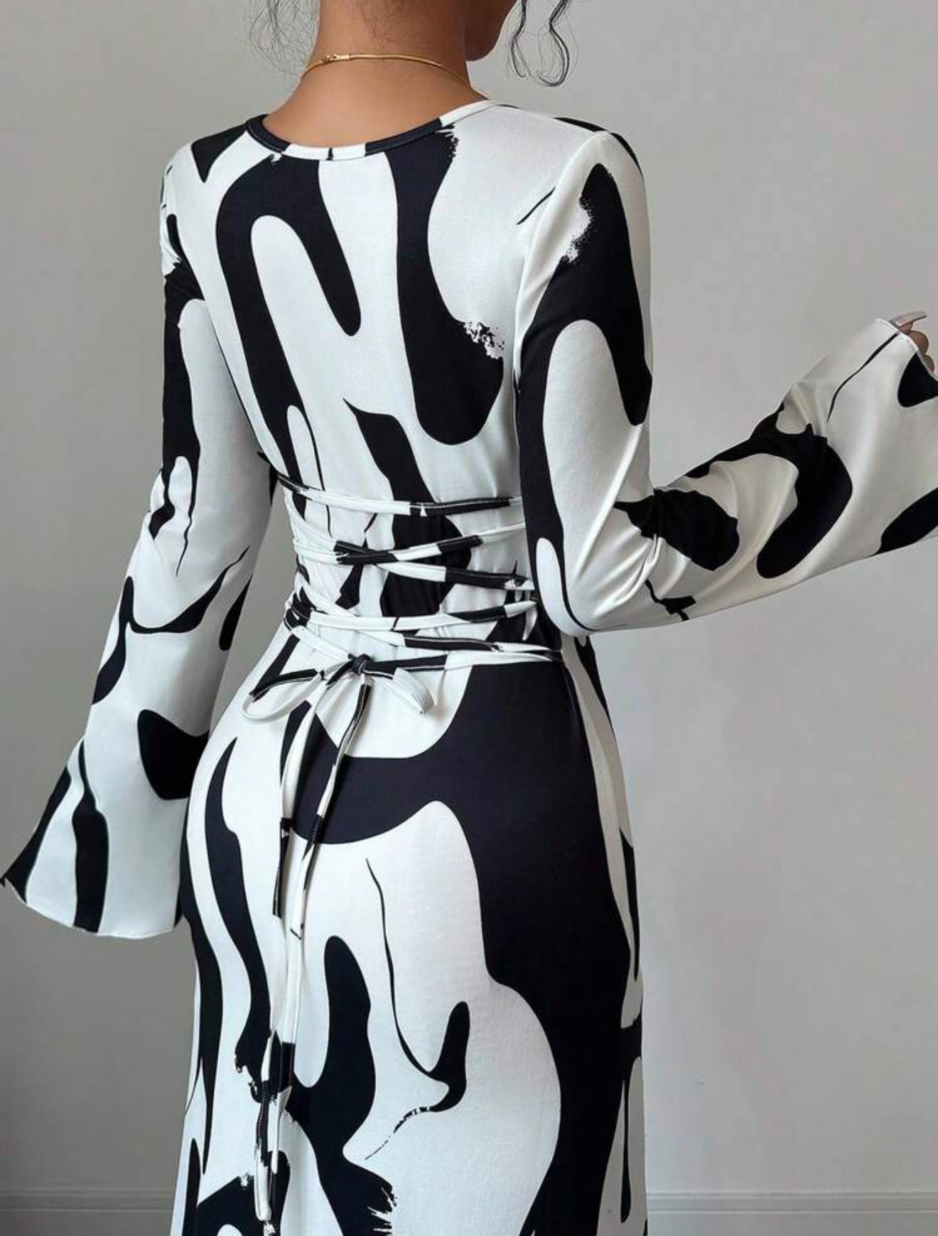 Flared Cuff Crew Neck Long Sleeve Cinched Waist Dress
