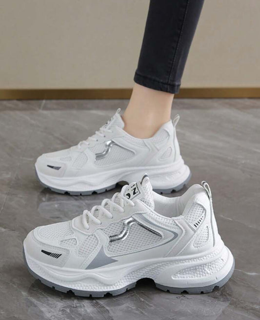 Women's Spring/Autumn New Style Sports Chunky Sneakers, Mesh Breathable Platform Wedge Heel Casual Shoes, Light-Weight Lace-Up Fashion Sneakers, White/Gray Colors, Running Shoes