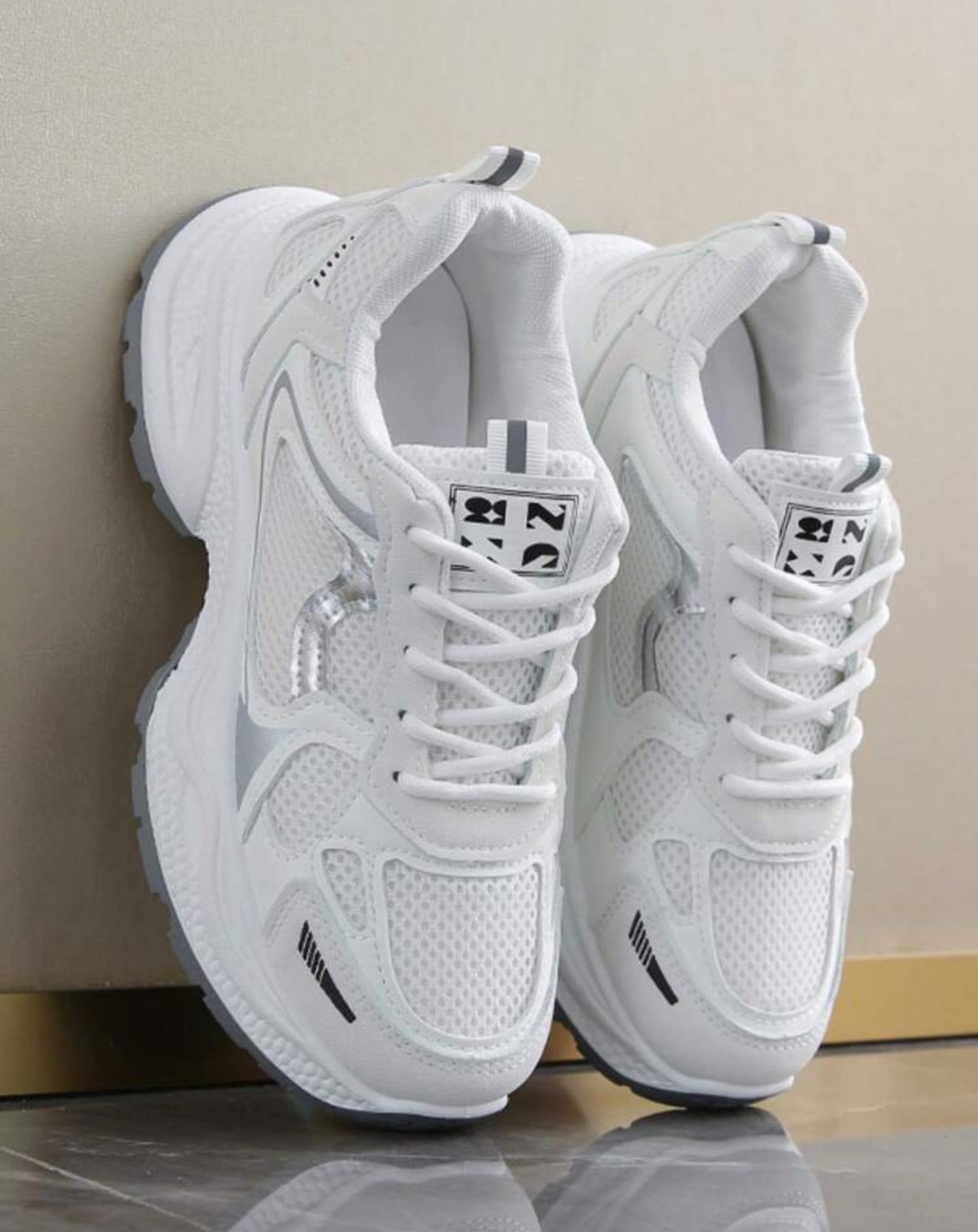 Women's Spring/Autumn New Style Sports Chunky Sneakers, Mesh Breathable Platform Wedge Heel Casual Shoes, Light-Weight Lace-Up Fashion Sneakers, White/Gray Colors, Running Shoes