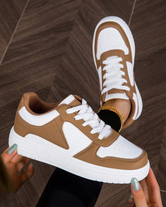 Unisex Casual Lace-Up Thick Sole Sneakers, Brown & White, Spring Time Sporty Streetwear Suitable For Commute, Campus