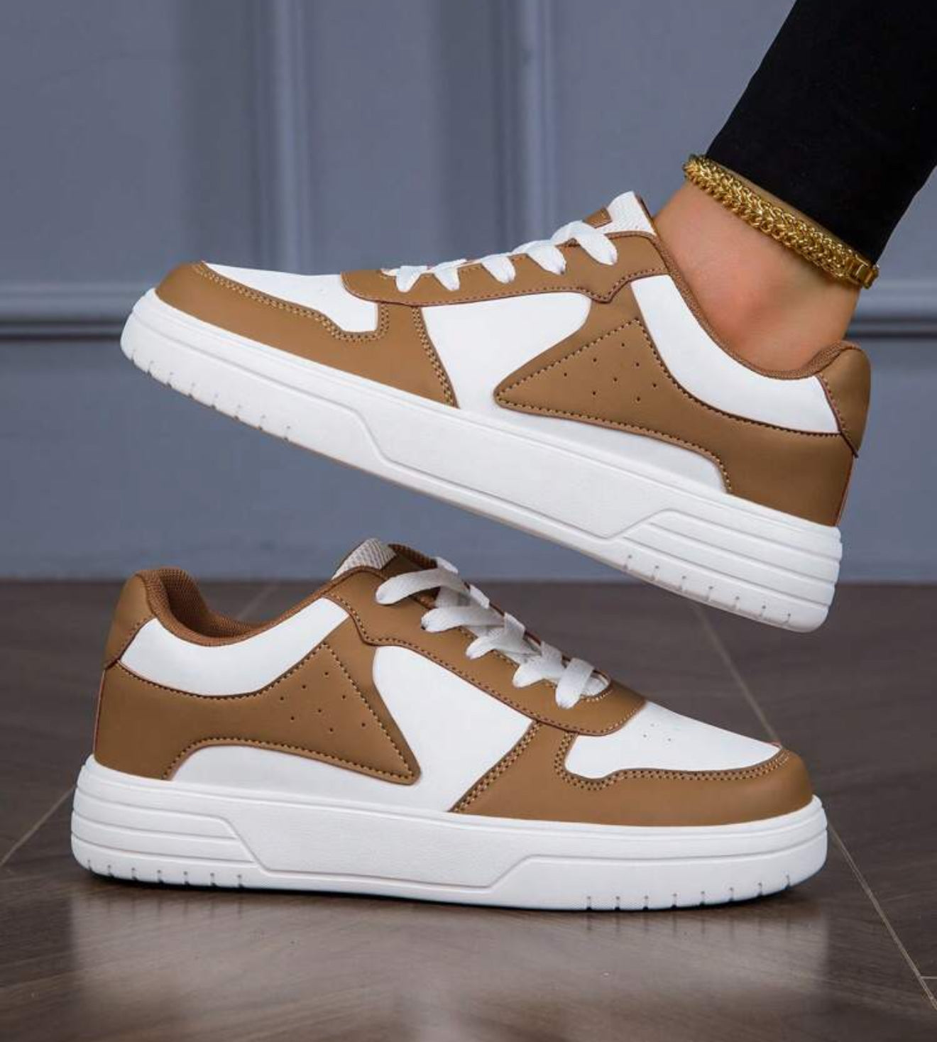 Unisex Casual Lace-Up Thick Sole Sneakers, Brown & White, Spring Time Sporty Streetwear Suitable For Commute, Campus